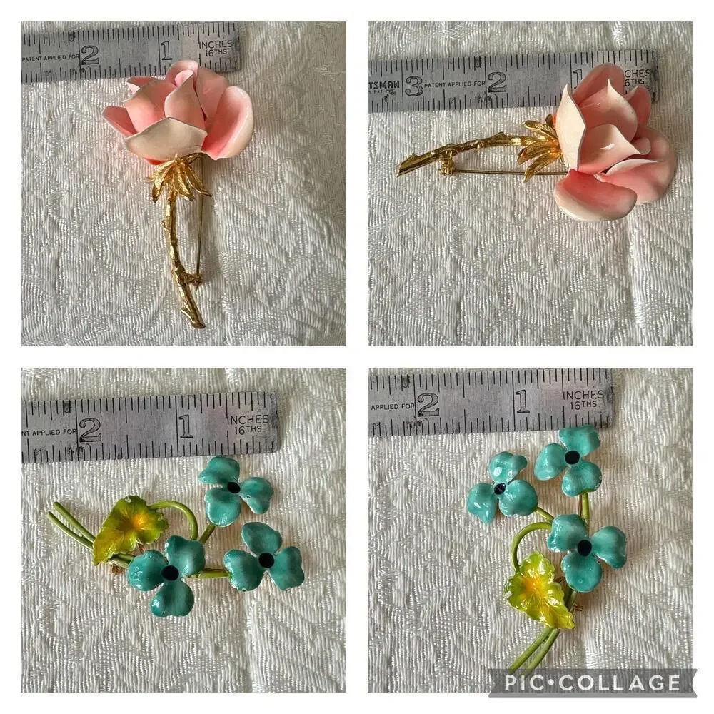 Vintage Lot of 4 Flower Enamel Shell Rose Basket Pin Brooch Porcelain 1930s-80’s